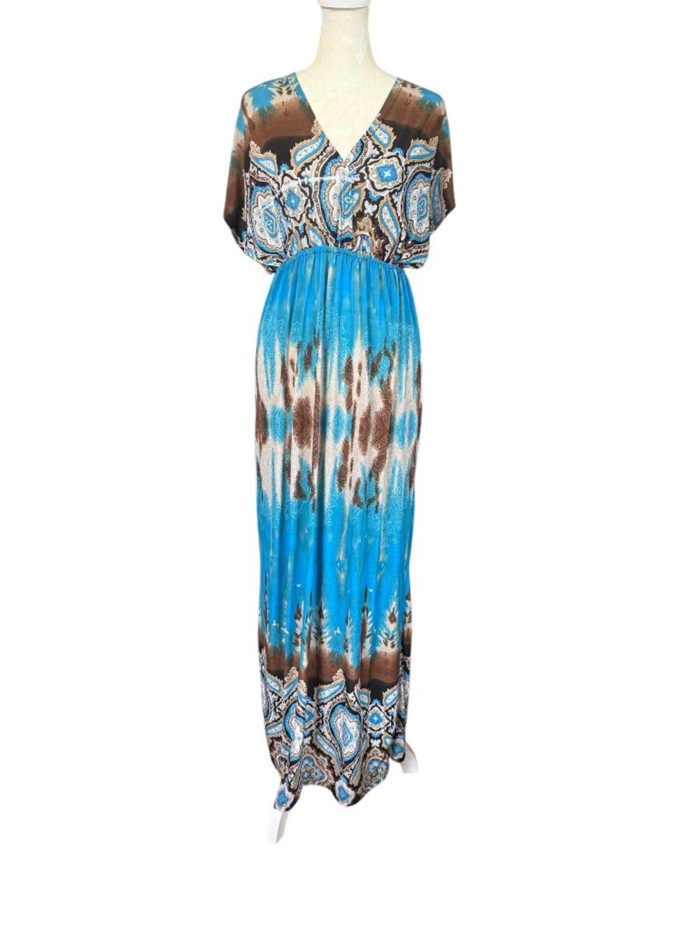 Turquoise and brown paisley print v-neck maxi dress empire waist cap sleeves